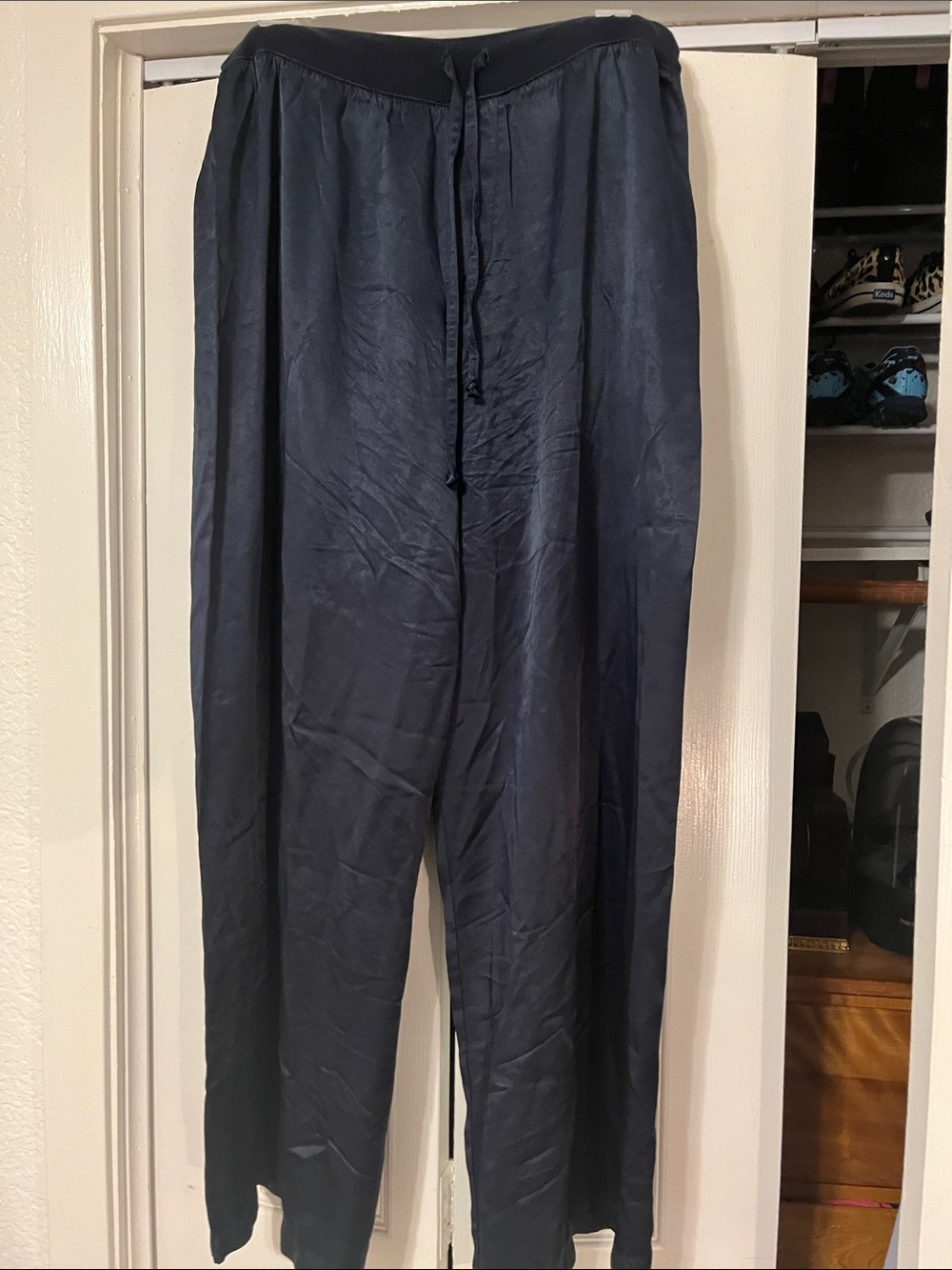 Pj Harlow Navy Drawstring Relaxed Satin Pajama Pants